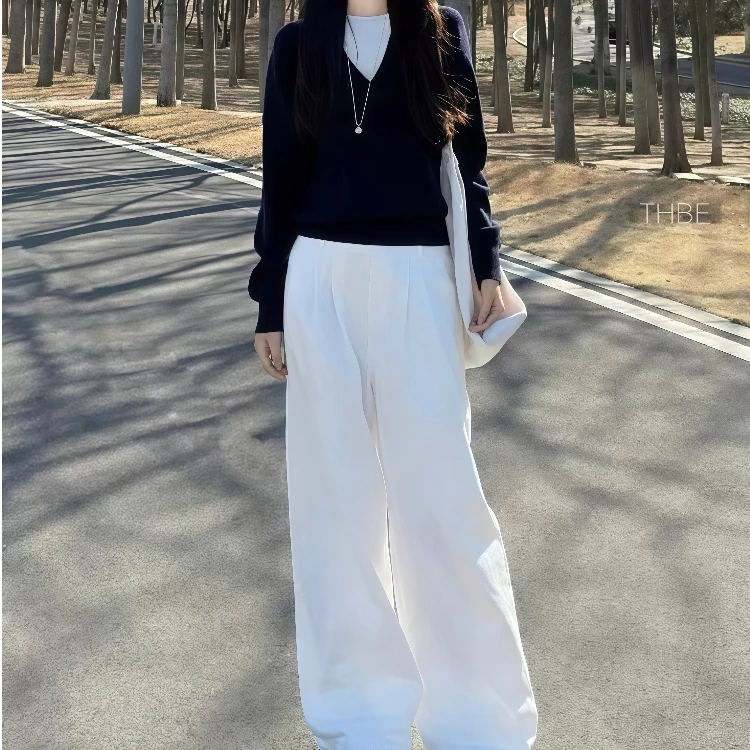 2025超火秋季韩系穿搭假两件针织衫上衣高腰牛仔阔腿裤两件套装女