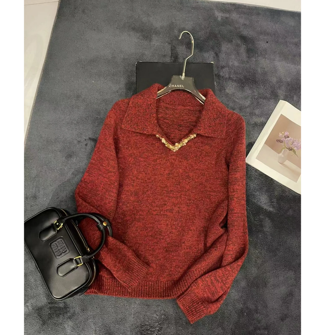 冬季时尚百搭加厚花纱翻领女士套头毛衫打底毛衣1m2892011