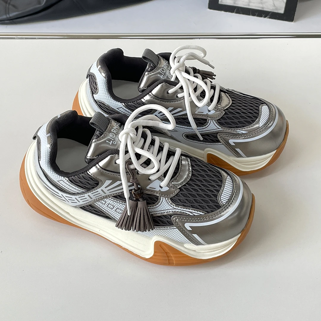 厚底网面丑萌老爹鞋女2025秋季新款串珠透气增高休闲鞋百搭面包鞋