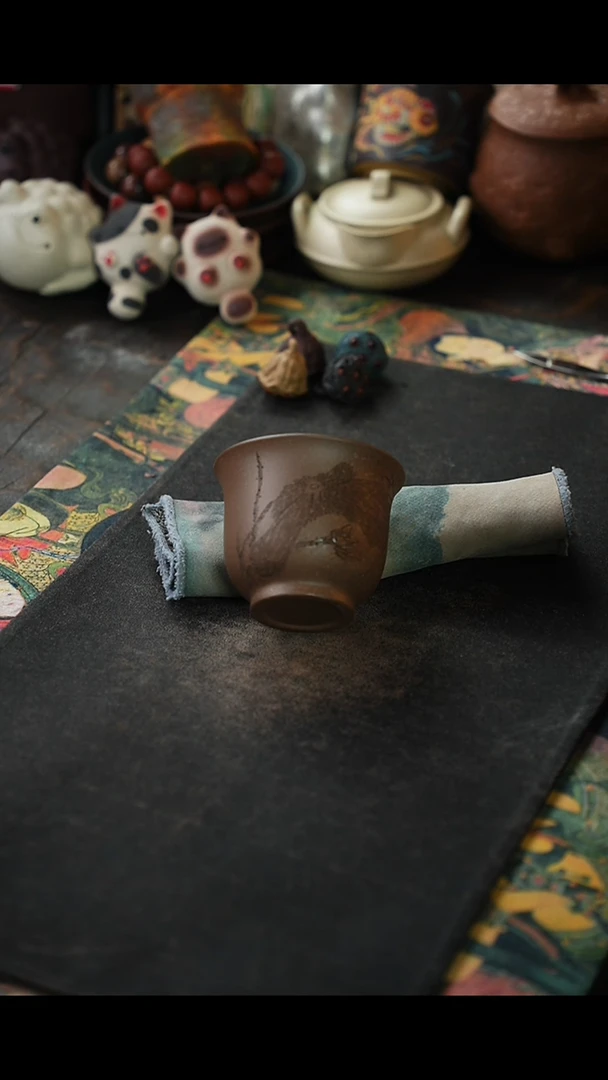 鲨鱼皮刻绘清趣紫砂杯32423432