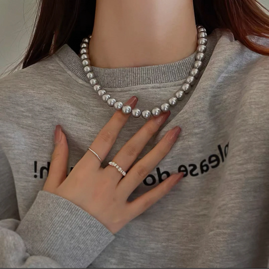 0006极光灰色10MM珠珠项链镀真白金