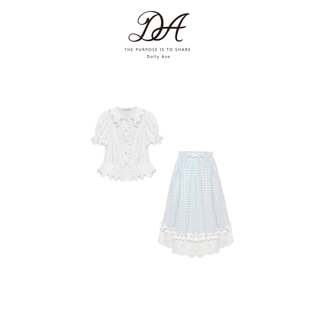 【现货】DollyAve「少女系列」定制棉麻混纺淑女风格纹中长裙衬衣套装