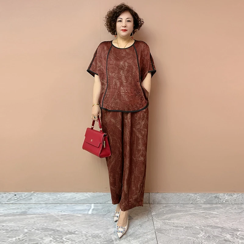 A72大码200斤复古高端轻奢提花短款上衣宽松阔腿裤气质两件套装