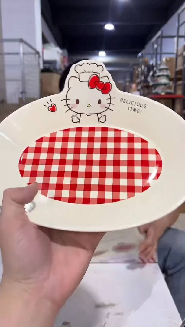 瓷片原盒kt猫红格子餐盘