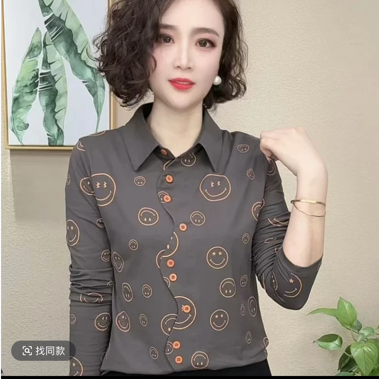 2025春秋气质百搭显瘦新款时尚洋气印花翻领气质长袖套头女士上衣