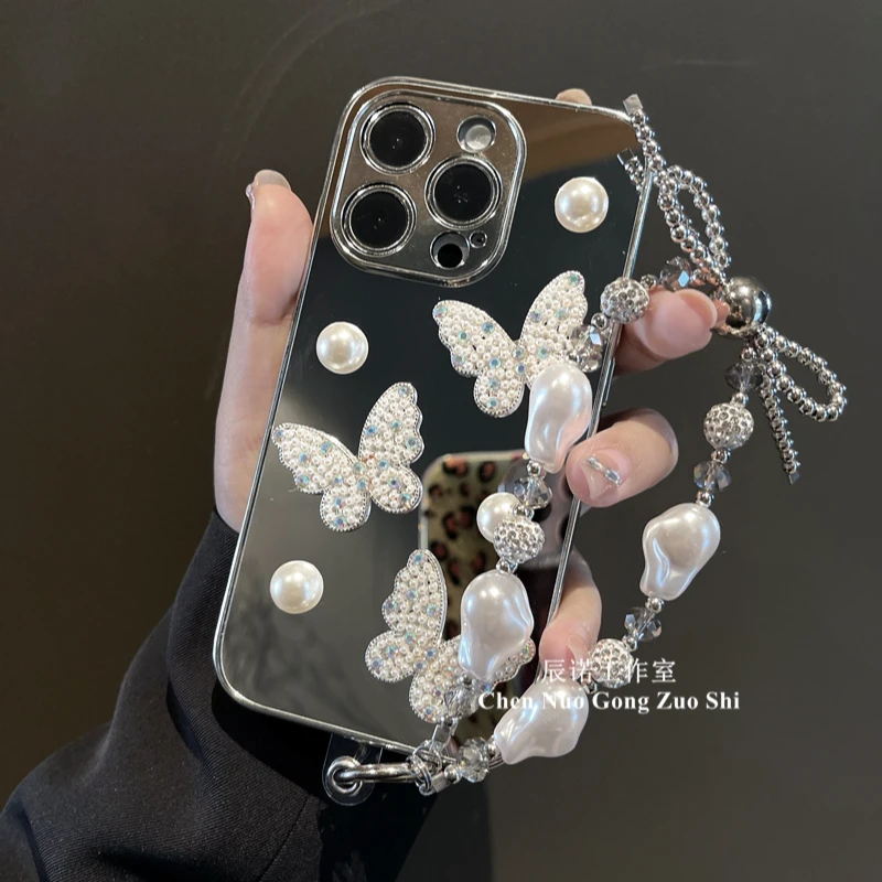 镜面珍珠蝴蝶适用苹果华为荣耀oppo/vivo小米镜头膜手机壳手链