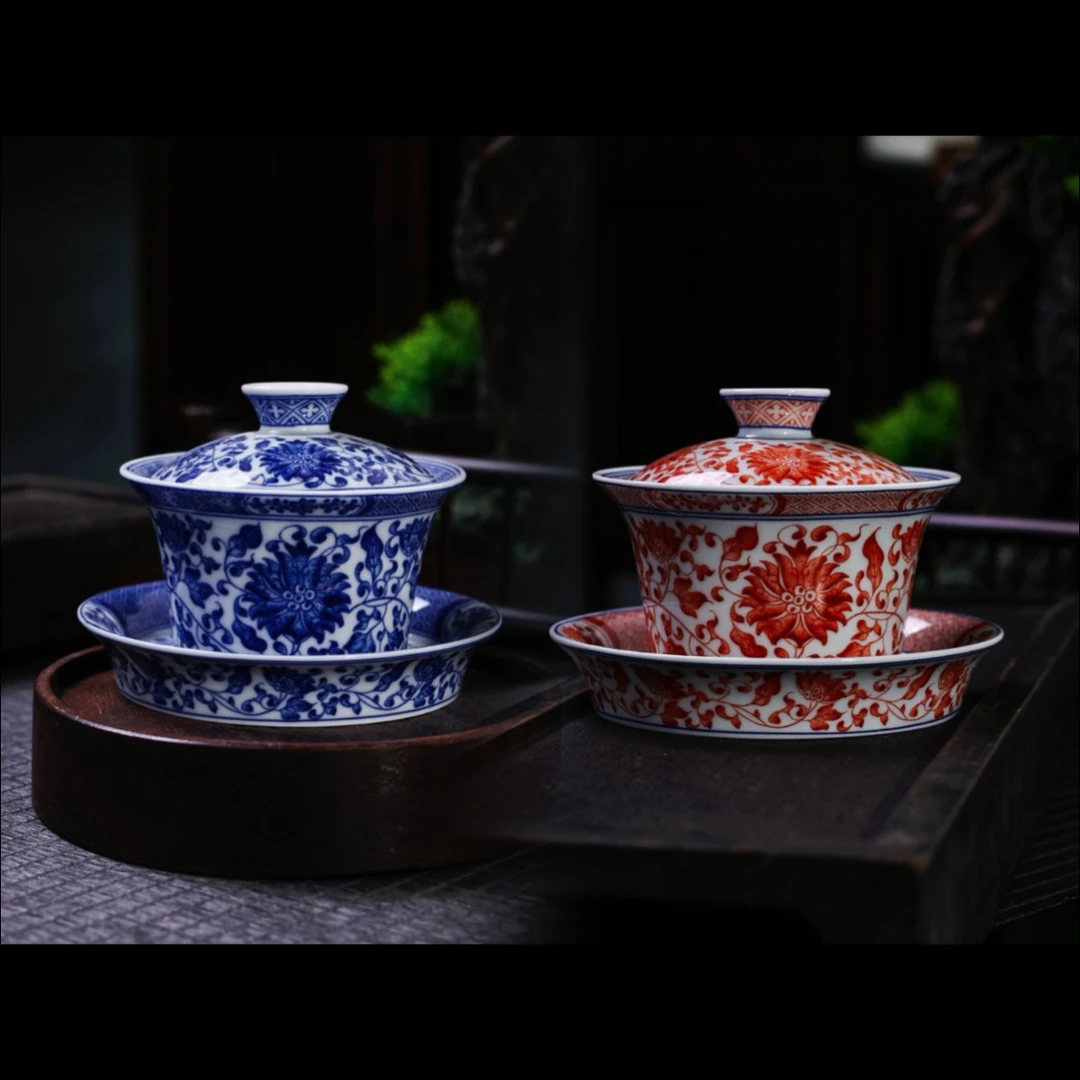 【熹钧】n9景德镇青花缠枝莲马蹄三才盖碗 瓷盖碗