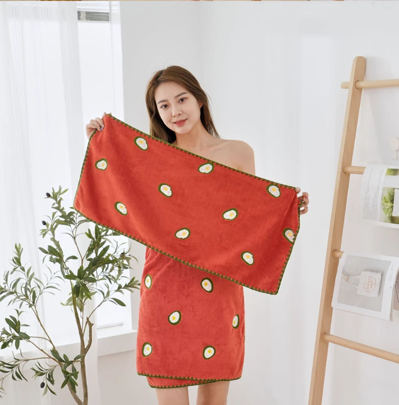 新款满绣加厚大尺寸水果珊瑚绒毛巾家用吸水柔软刺绣浴巾两件套