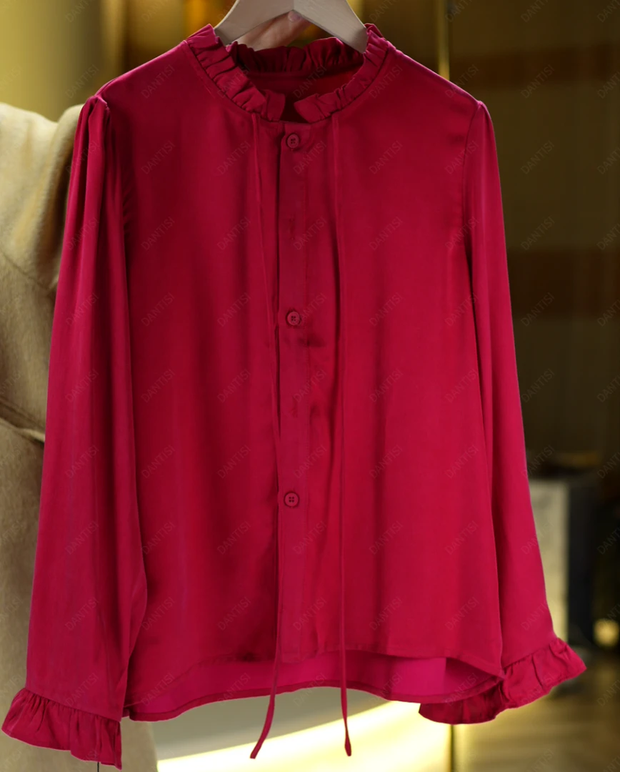 念初《非遗美学》1933新中式铜氨真丝国风立领花边时尚长袖上衣