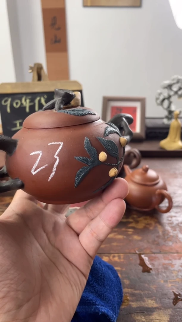 茶壶紫砂90年代老壶工糙但泥好大红泥多色桃子壶23