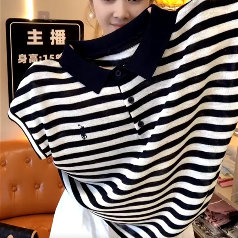 韩系日常风黑白条纹翻领刺绣小马T恤女夏季新款宽松休闲短袖上衣