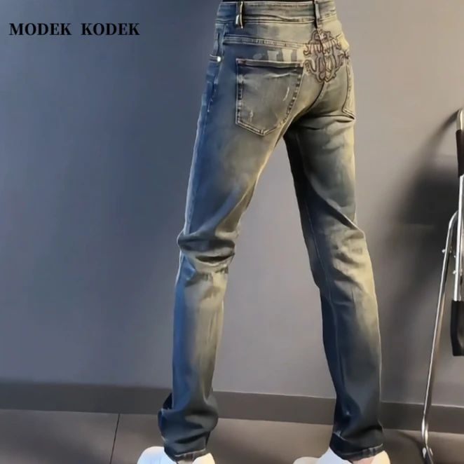 MODEK KODEK高品质潮牌男印花休闲裤春夏新款百搭修身直筒牛仔裤