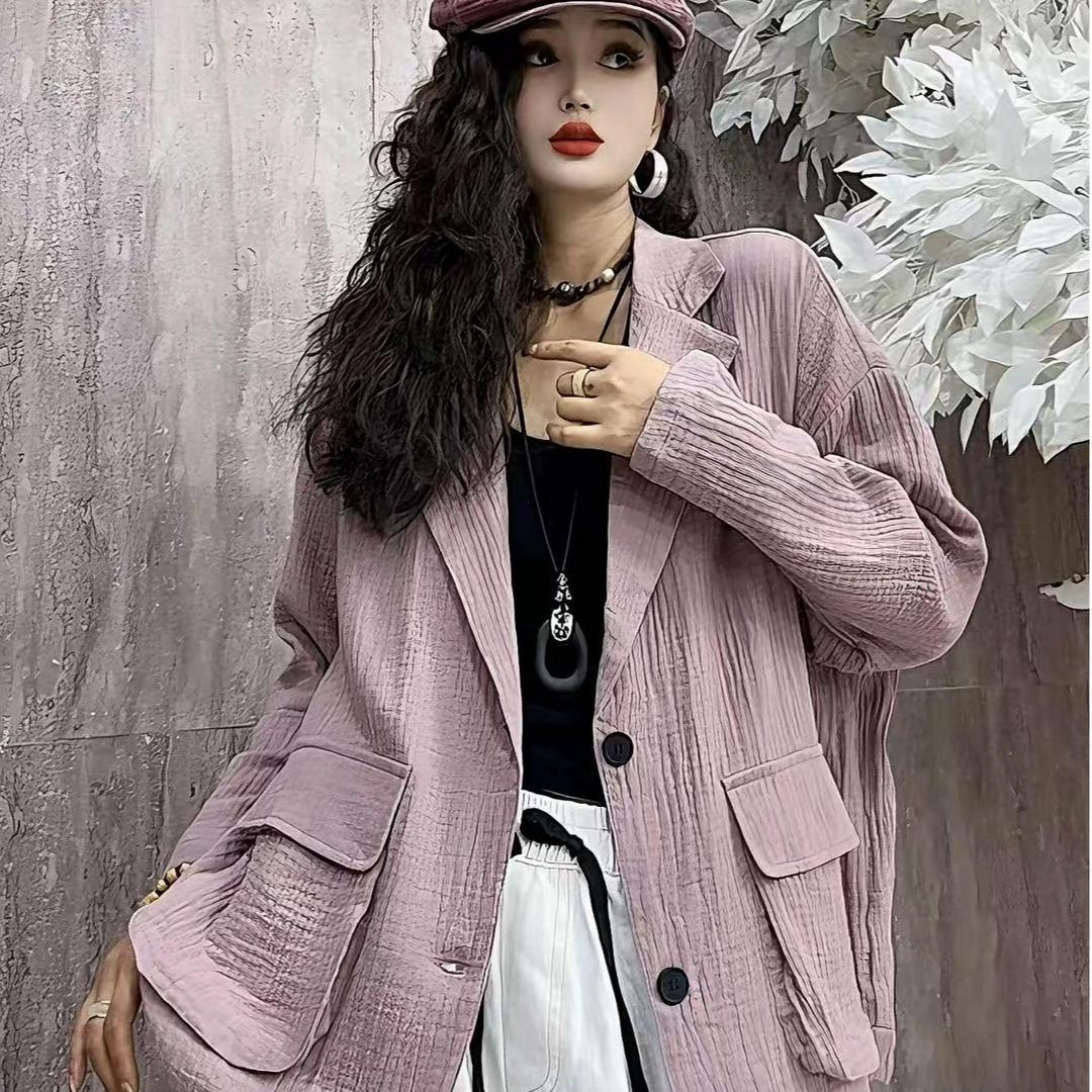 安然9910 双纱休闲西装外套装领长袖单排扣宽松型纯色西装