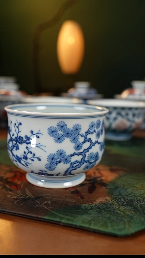 杯子瓷小*柴窑青花松竹梅瑕