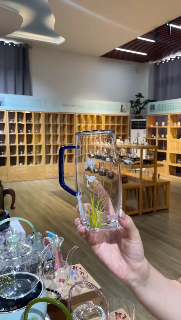 九河融彩绿茶杯蓝口兰花