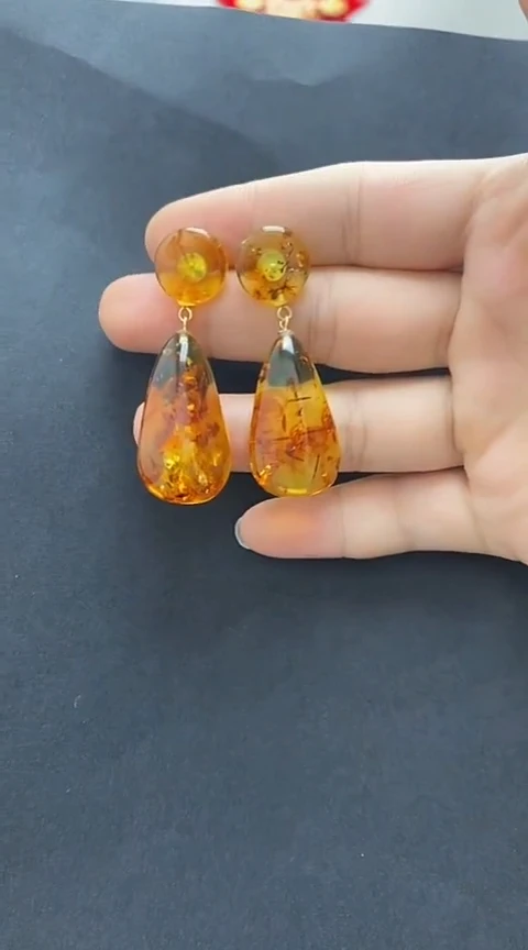 银S925镶嵌琥珀裸石花珀耳钉