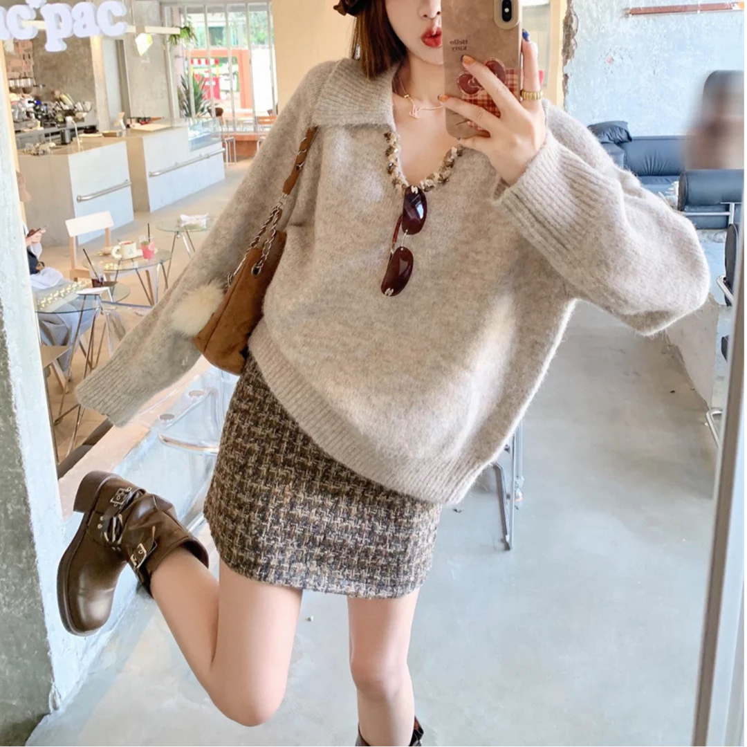 毛针织衫减龄显瘦套头V领长袖不褪色针织翻领秋季