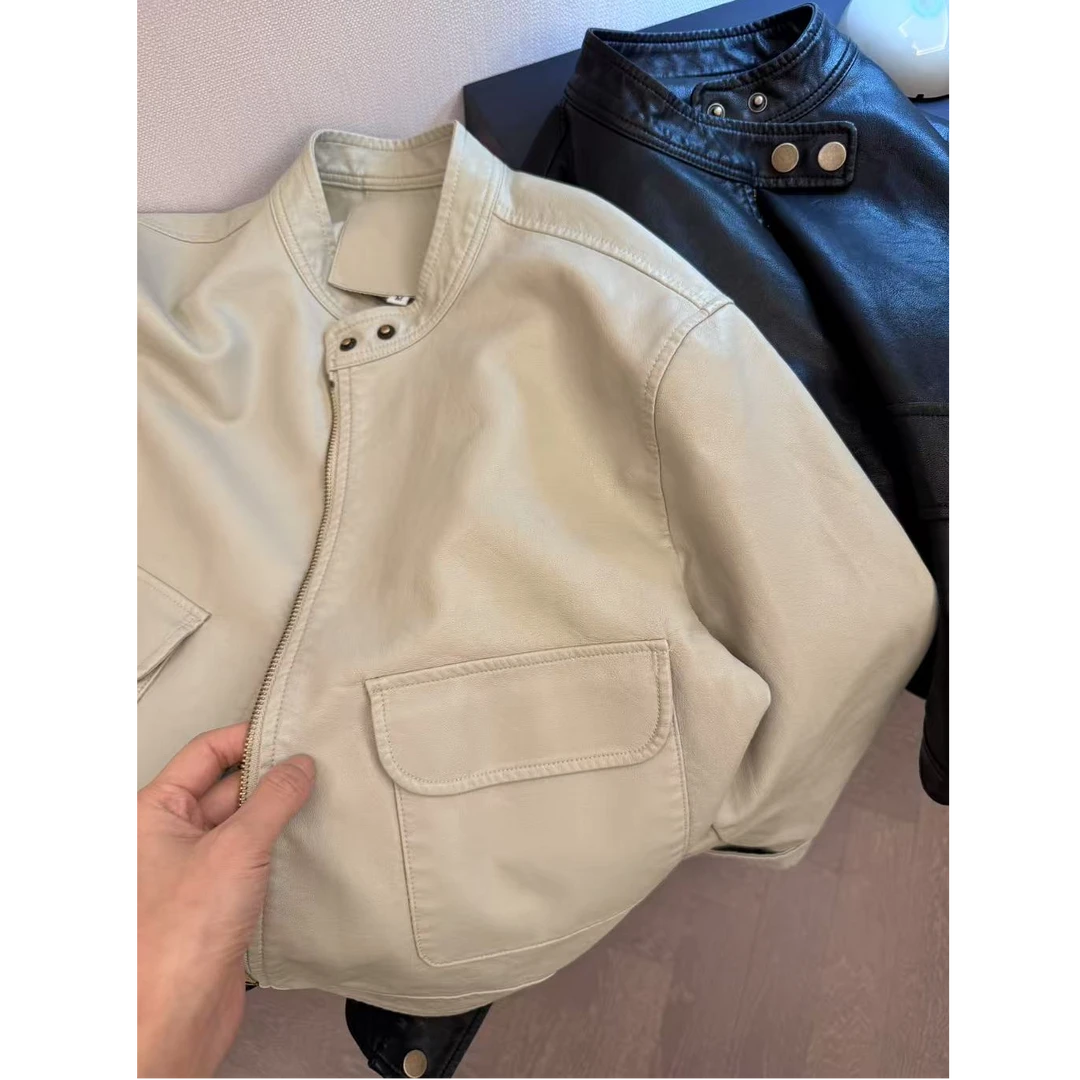 时尚机车服立领短款复古设计感百搭皮衣外套