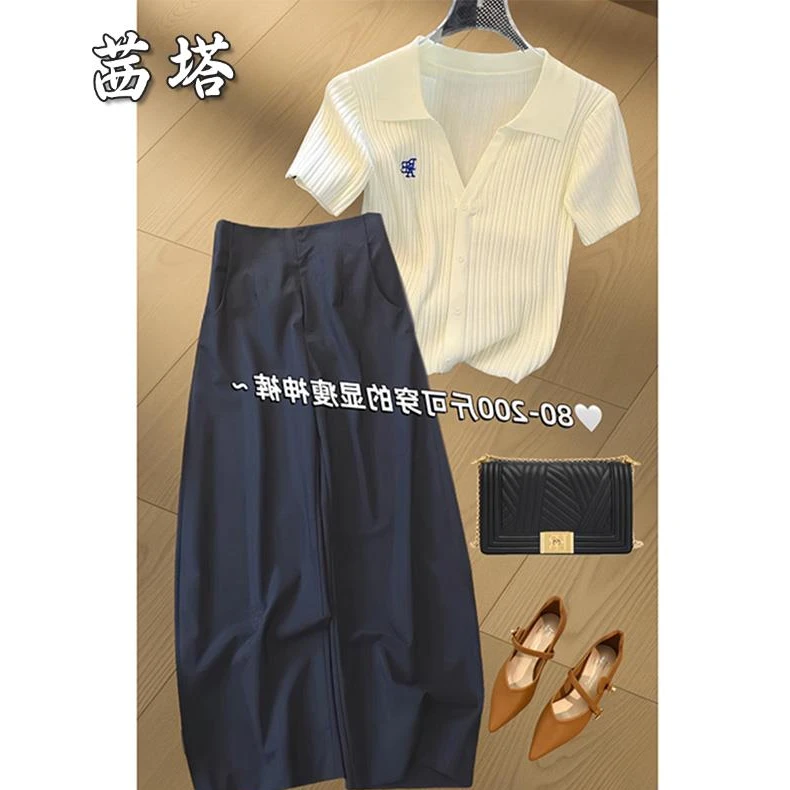 2025新款减龄穿搭一整套小众不撞款白色冰丝t恤裤子两件套装女夏