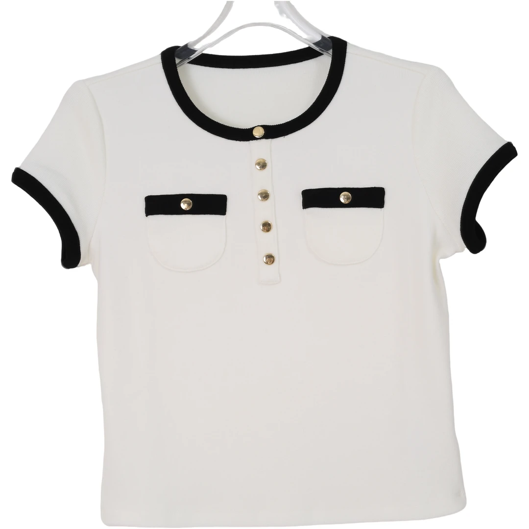 【AS金扣】25新时髦撞色休闲短款针织金扣上衣AS25XTX02364