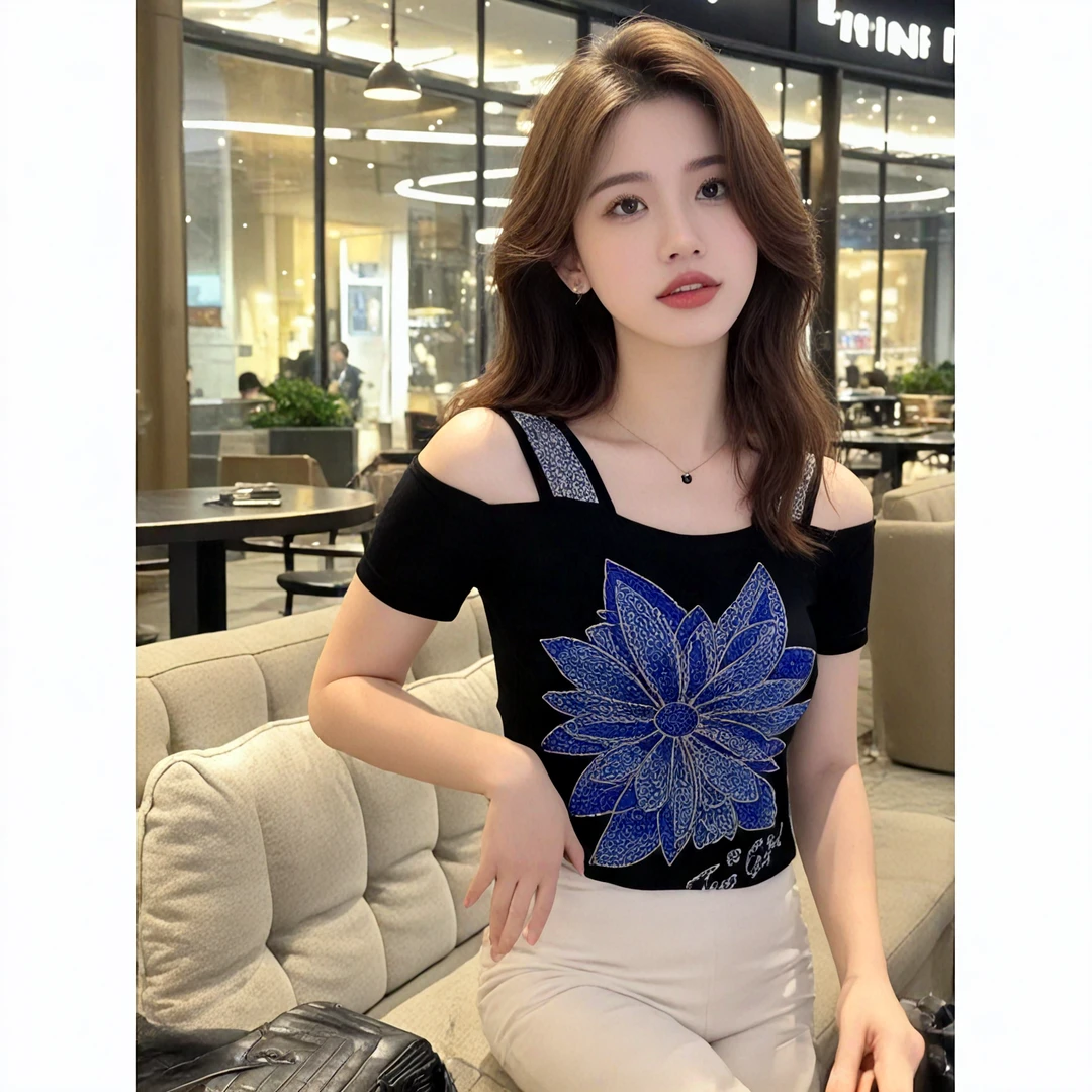 YH#重工镶钻双层冰丝网纱短袖夏季新款露肩美背小衫女DY14414
