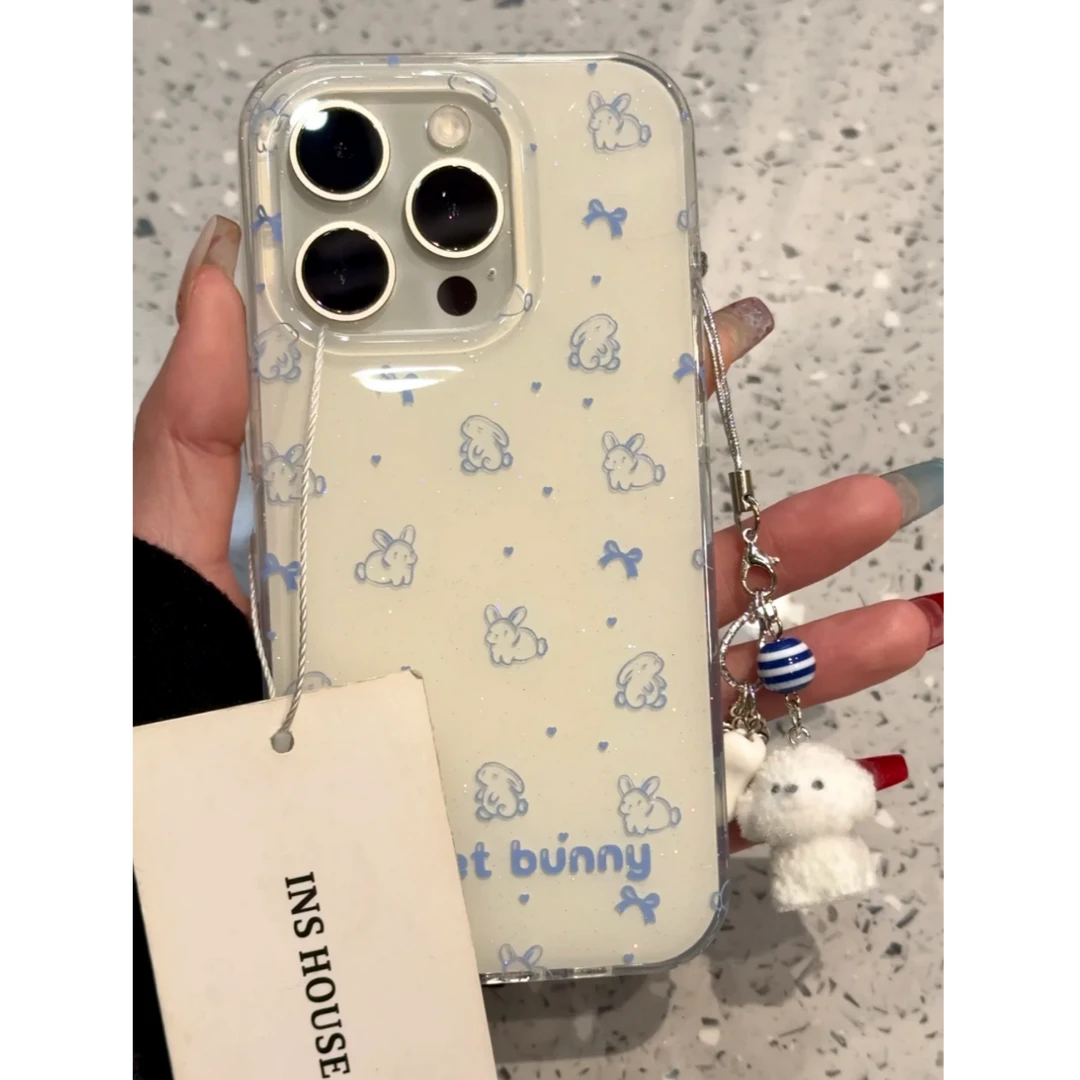 ins卡通可爱蓝线条兔子适用16ProMax手机壳苹果15/14新款iPhone13