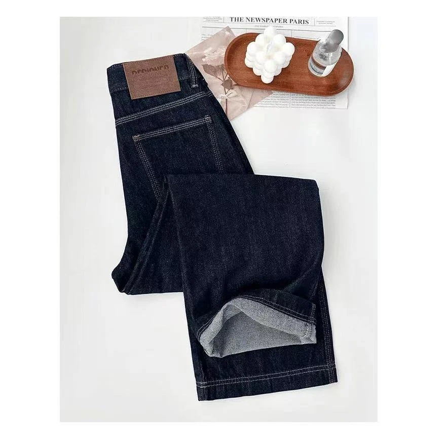 2025丹宁蓝三本针牛仔裤高腰休闲宽松复古显瘦显腿长窄版阔腿裤