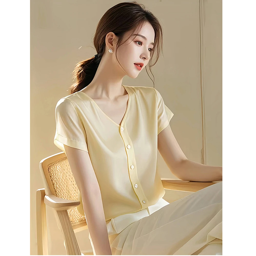 2025夏季新款今年流行超好看黄色轻薄v领短袖衬衫