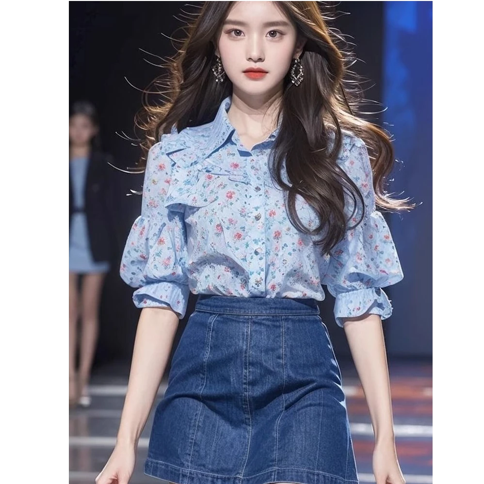 夏季茶系穿搭设计感时尚减龄多巴胺蓝色碎花衬衫女复古灯笼袖衬衣