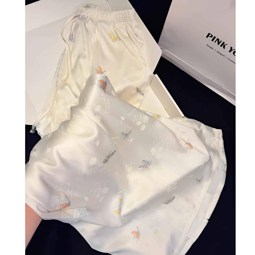 温柔小福蝶少女风蕾丝花边冰丝短袖睡衣女夏季新款短裤套装家居服