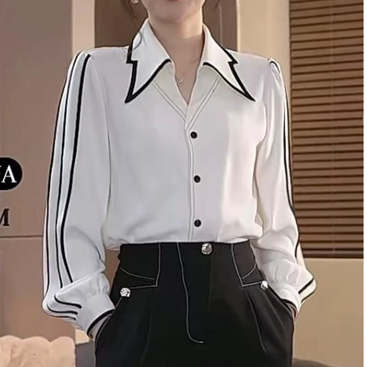 法式白色百搭网红简约修身衬衫春季POLO领长袖设计感显瘦气质