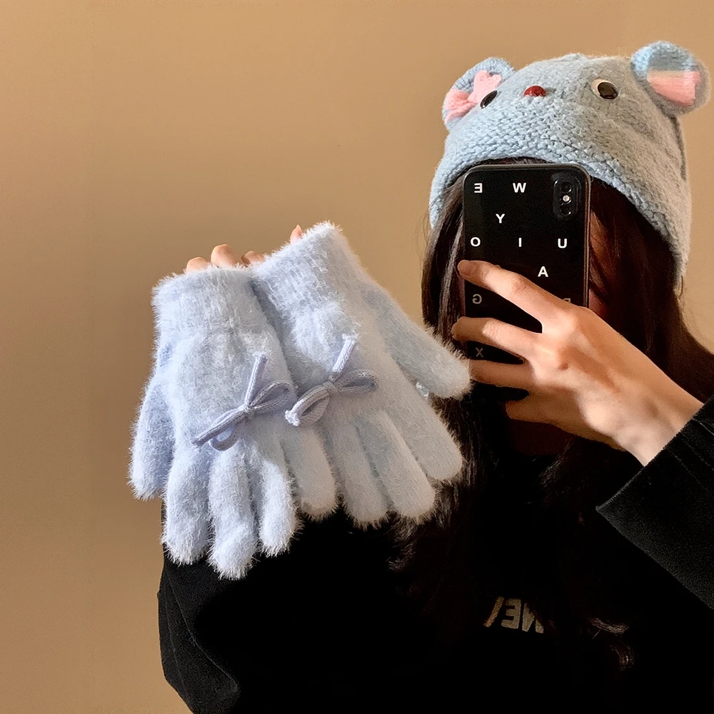 韩系蓝色蝴蝶结毛茸茸针织手套女秋冬季可爱加绒加厚保暖防寒分指