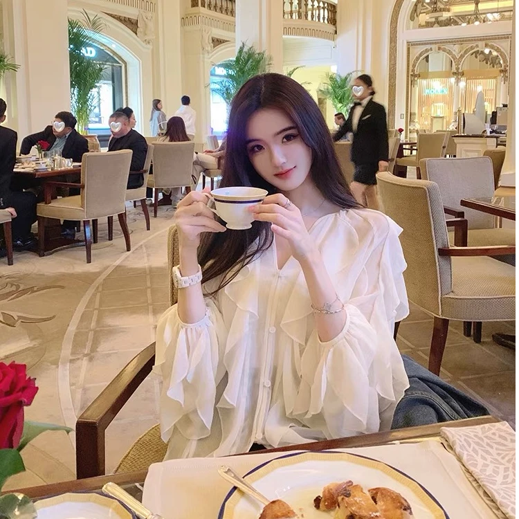 中长款木耳优雅风宽松型纯色衬衫韩版气质女装洋气设计感白色