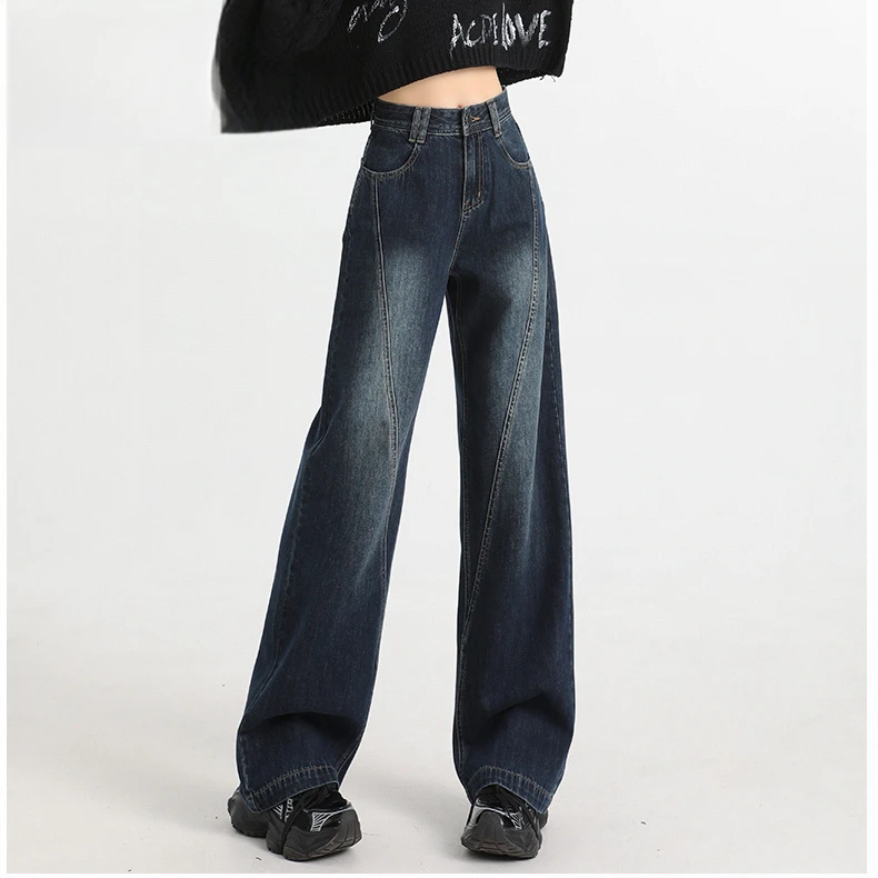 蓝灰色阔腿牛仔裤女2025秋冬新款拼接设计感宽松高腰显瘦直筒裤子