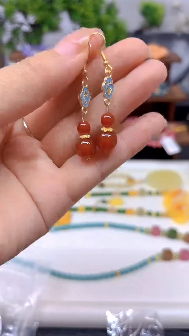 南红玛瑙14K金镶嵌耳饰E690