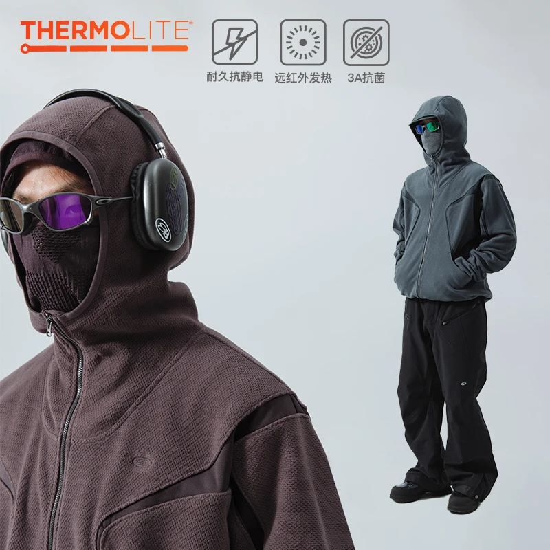 BLUE蓝岐Thermolite冬季抓绒夹克保暖抗静电连帽卫衣厚外套男