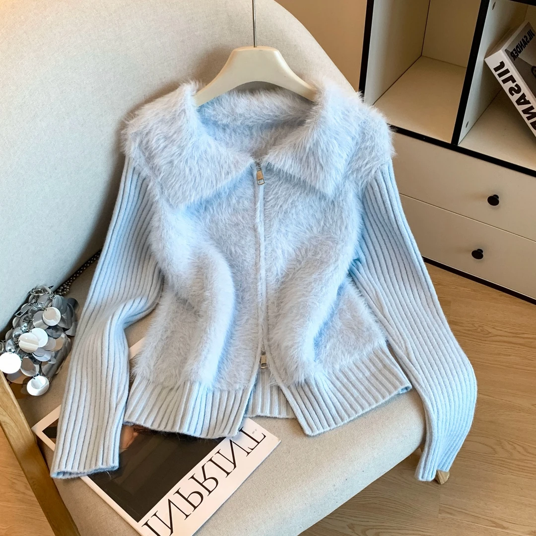 设计感软糯毛绒绒拉链针织开衫女秋冬慵懒风减龄毛衣时尚短款上衣