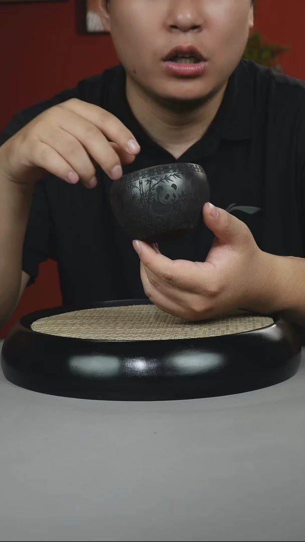 茶壶紫砂石黄 缸杯 刻熊猫