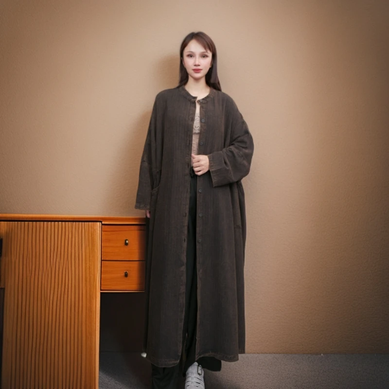 【古素】新款咖色炒色圆领双兜女款风衣外套A276