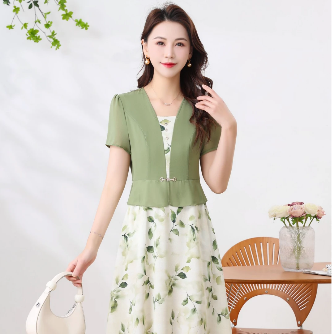 新款新中式A字裙拼接碎花夏季连衣裙韩版收腰休闲裙子修身夏装