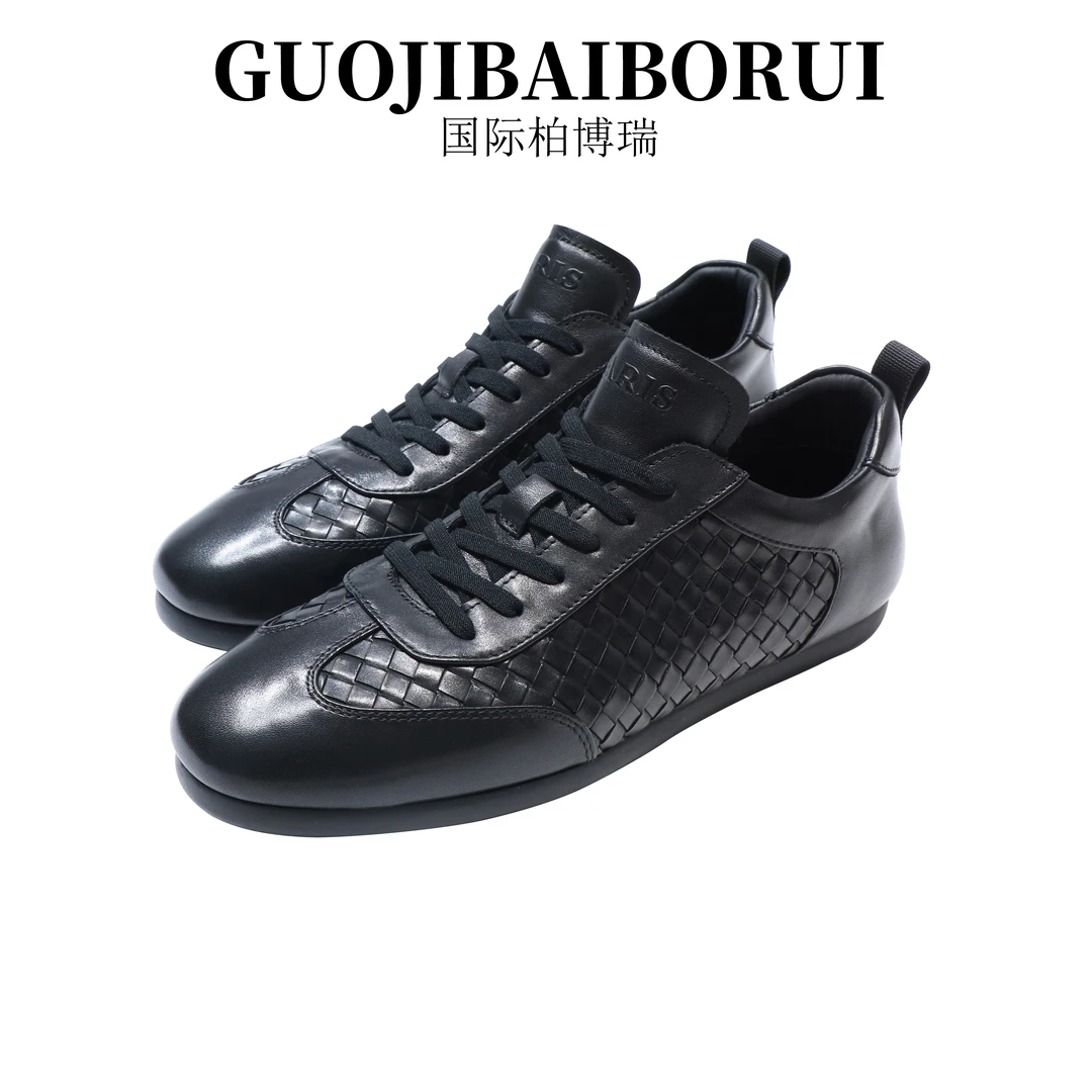 国际柏博瑞皮鞋男款2025新款夏季编织皮低帮透气休闲板鞋时尚个性