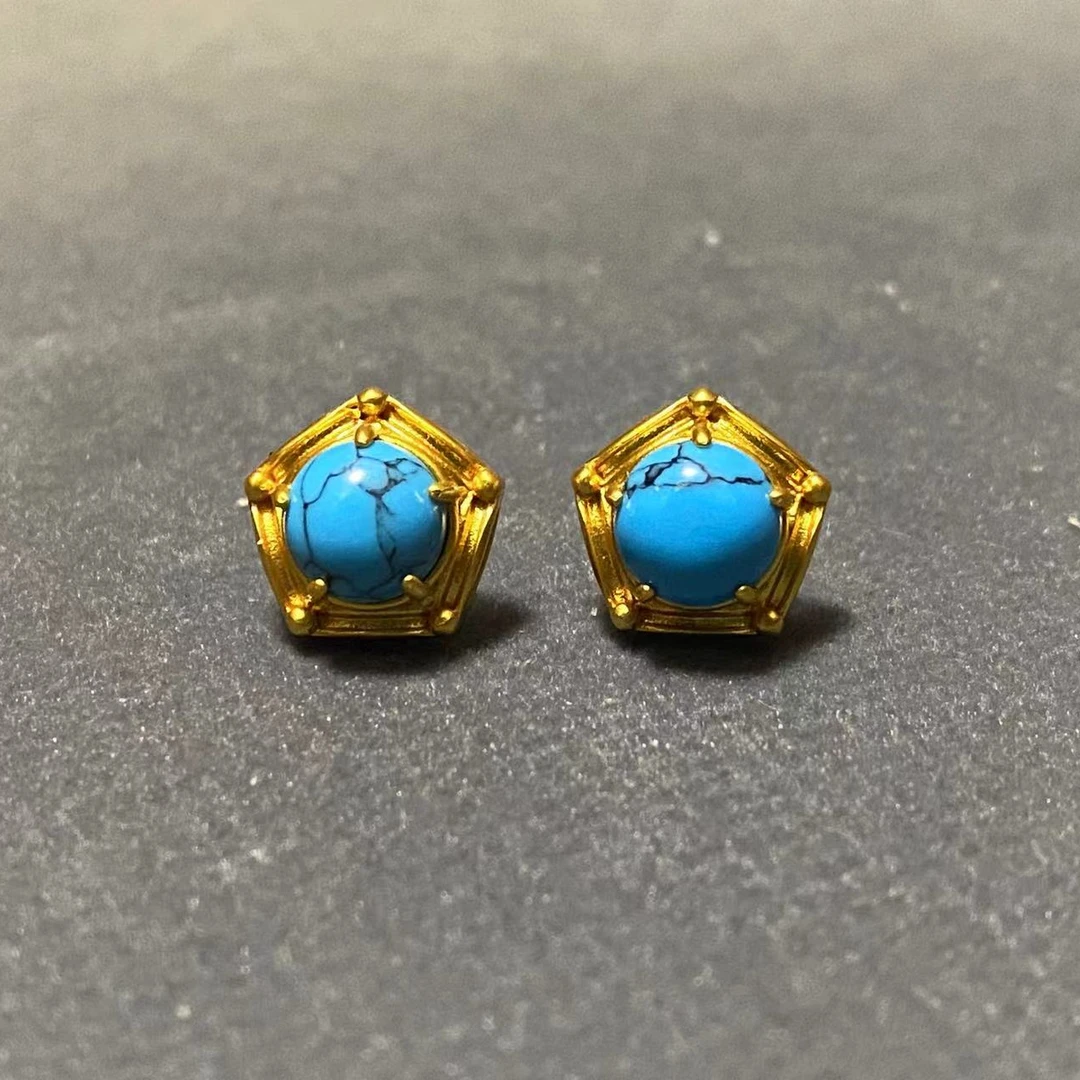 黄铜耳饰 H379铜镀金耳钉饰品精致民族风蓝色花形简约百搭经典