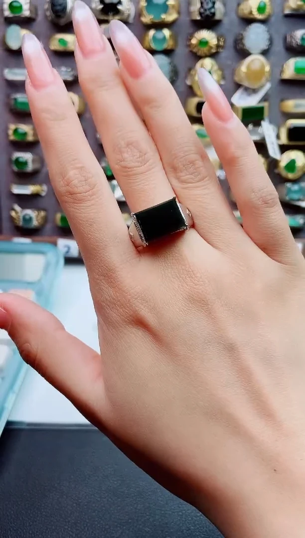 银S925镶嵌戒指翡翠天然翡翠男戒