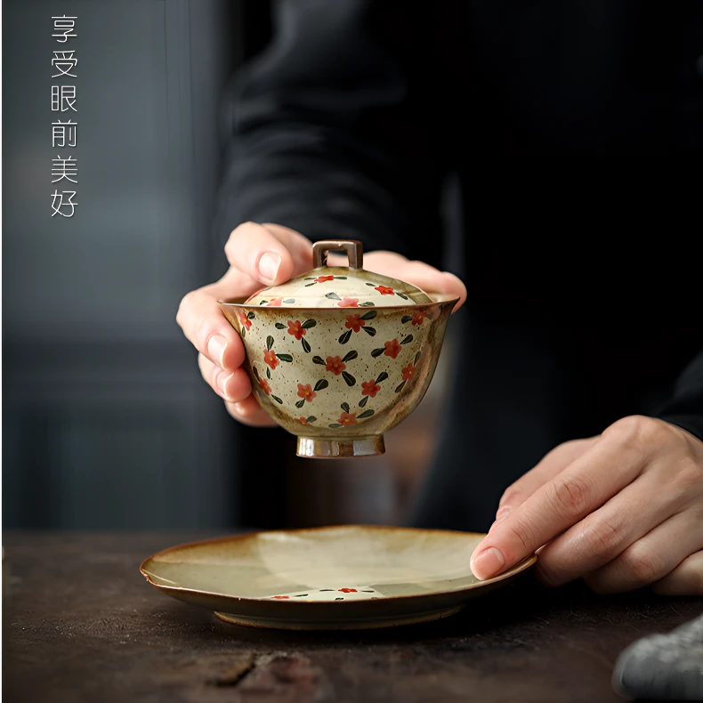 美朵|手绘小碎花三才盖碗复古老岩泥功夫茶碗家用陶瓷泡茶喝茶杯