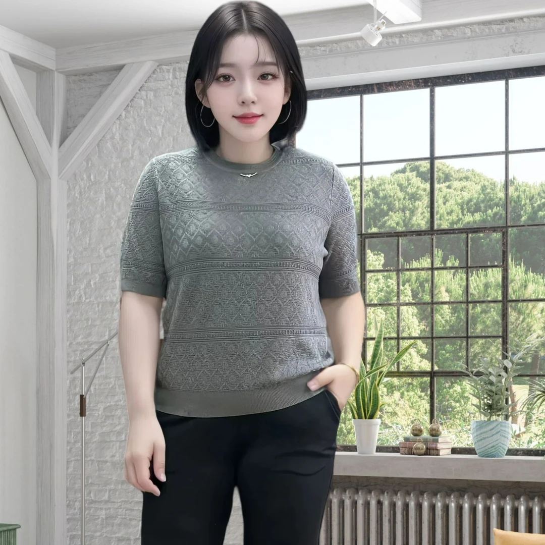 韩衣奇迹简约镂空针织短袖上衣薄款显瘦圆领百搭夏款女士毛衣