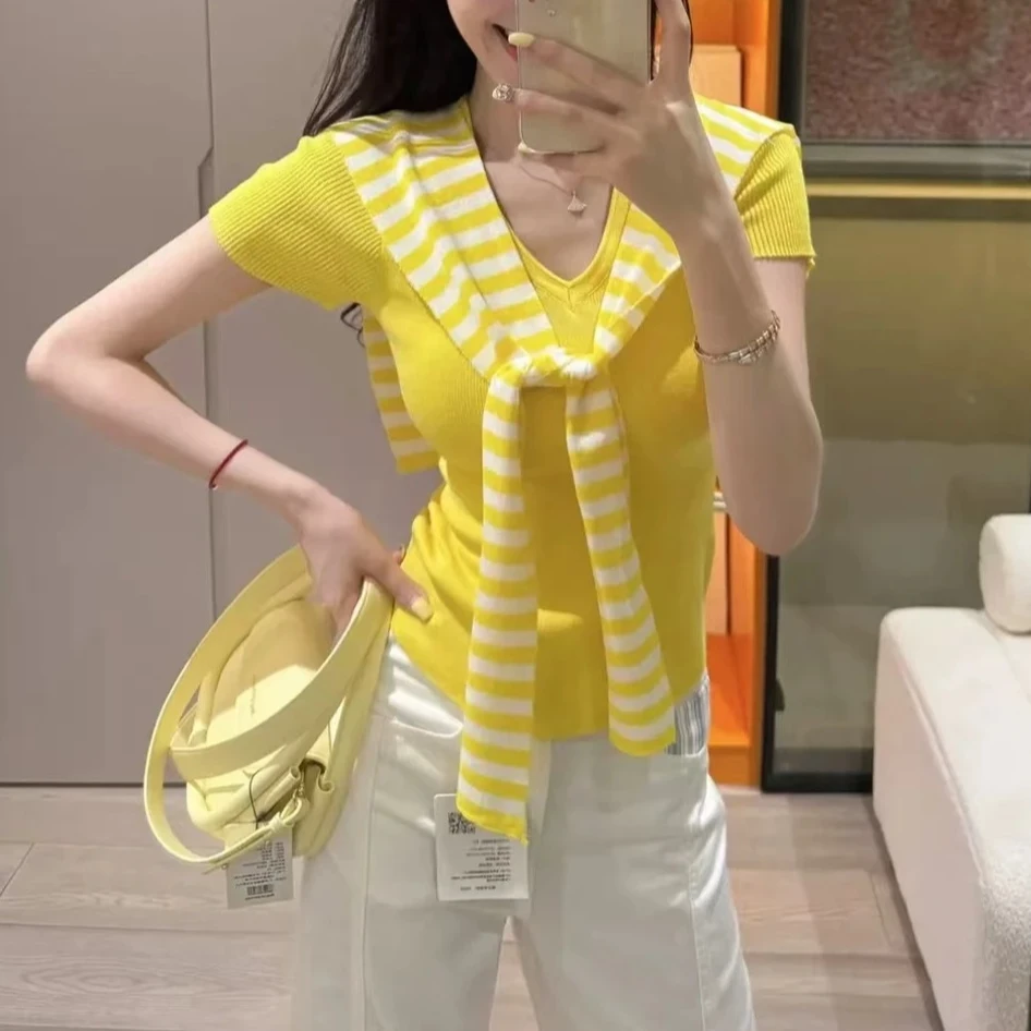 Not defined大码韩版通勤披肩针织短袖t恤女夏季时尚休闲显瘦上衣