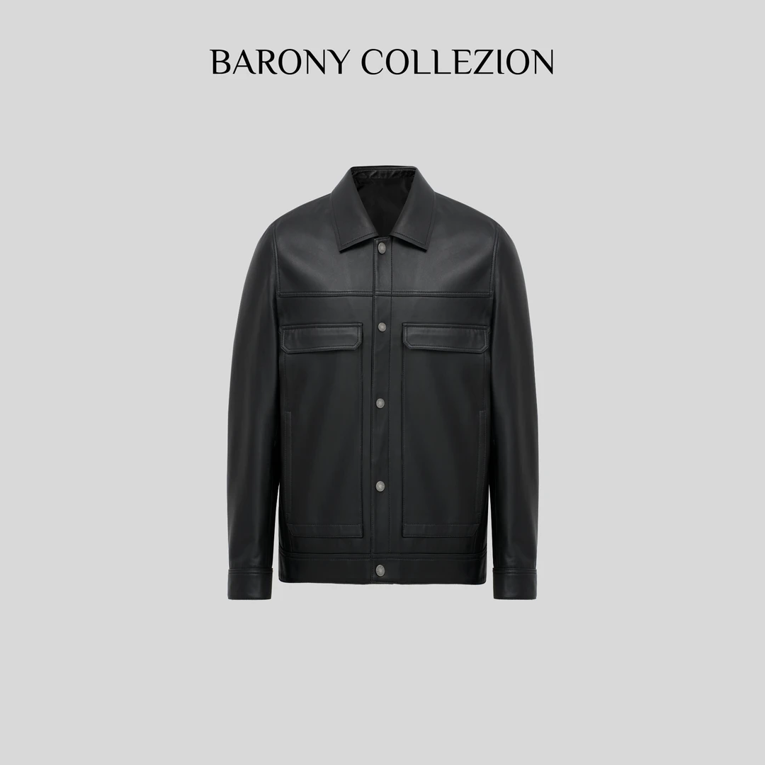 ‘BARONY’【97041】男士休闲皮衣外套轻奢时尚休闲真皮翻领春秋短款