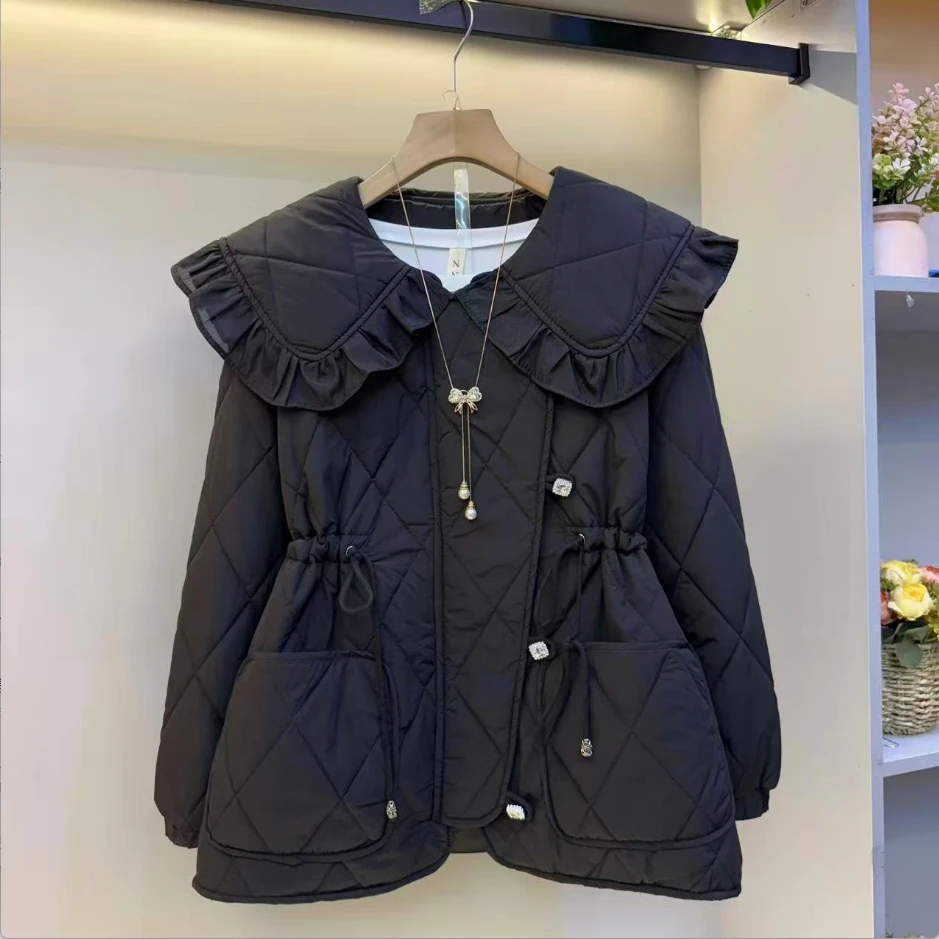 秋冬新款微胖显瘦菱形格纯色百搭高级减龄腰抽绳棉服外套