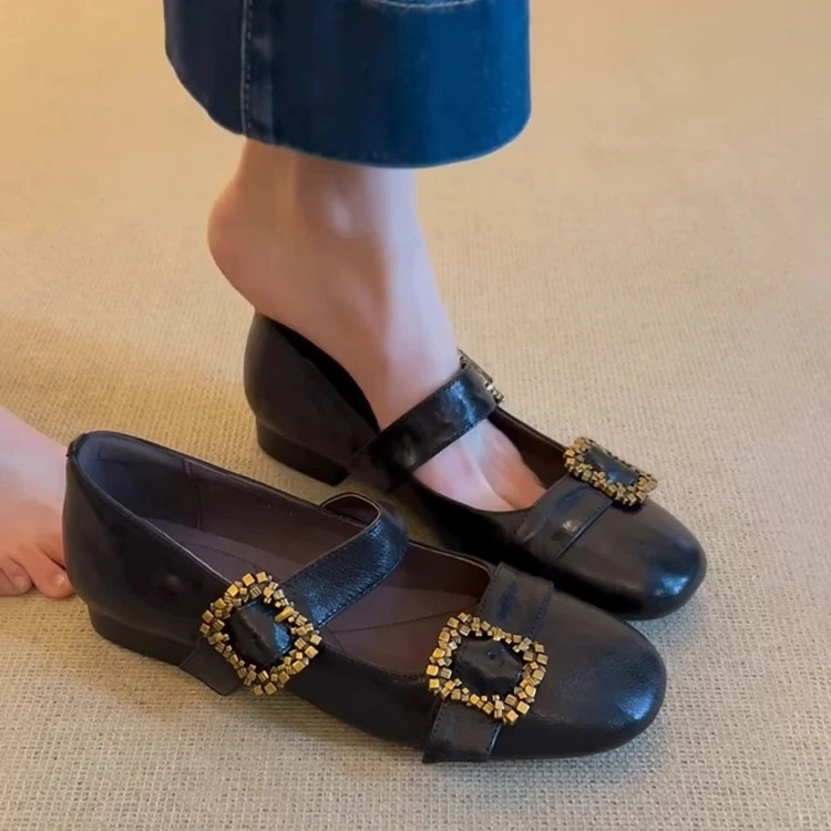 羊皮版~复古软皮黑色设计感小单鞋一字金属方扣浅口平底玛丽珍鞋