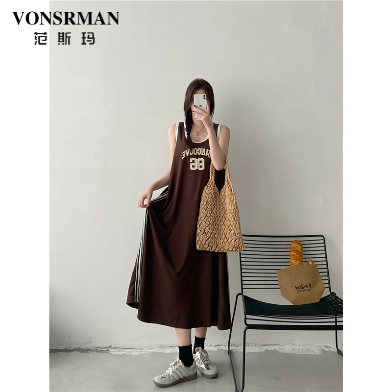 字母印花无袖连衣裙女夏季新款时尚休闲气质宽松大码显瘦背心长裙